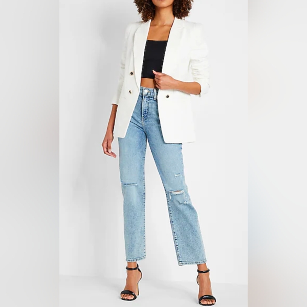 Express White Boucle Double Breasted Boyfriend Bl… - image 1